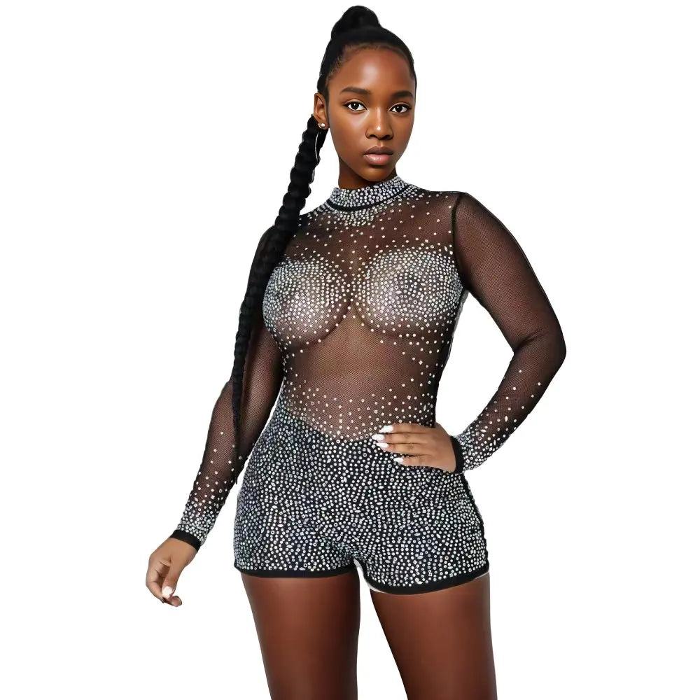 10501-MX56 Sexy Club Wear Hot Drilling See Through Jumpsuit Women Sehe Fashion